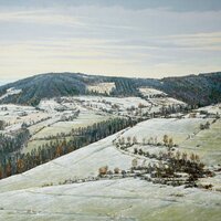 Première neige aux Entressières, huile sur bois, 83x122, 2000